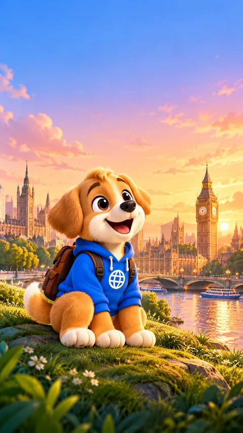 O Tito, um filhote de cachorro dourado de moletom azul e mochila, sentado num gramado com Londres ao fundo, ao pôr do sol.